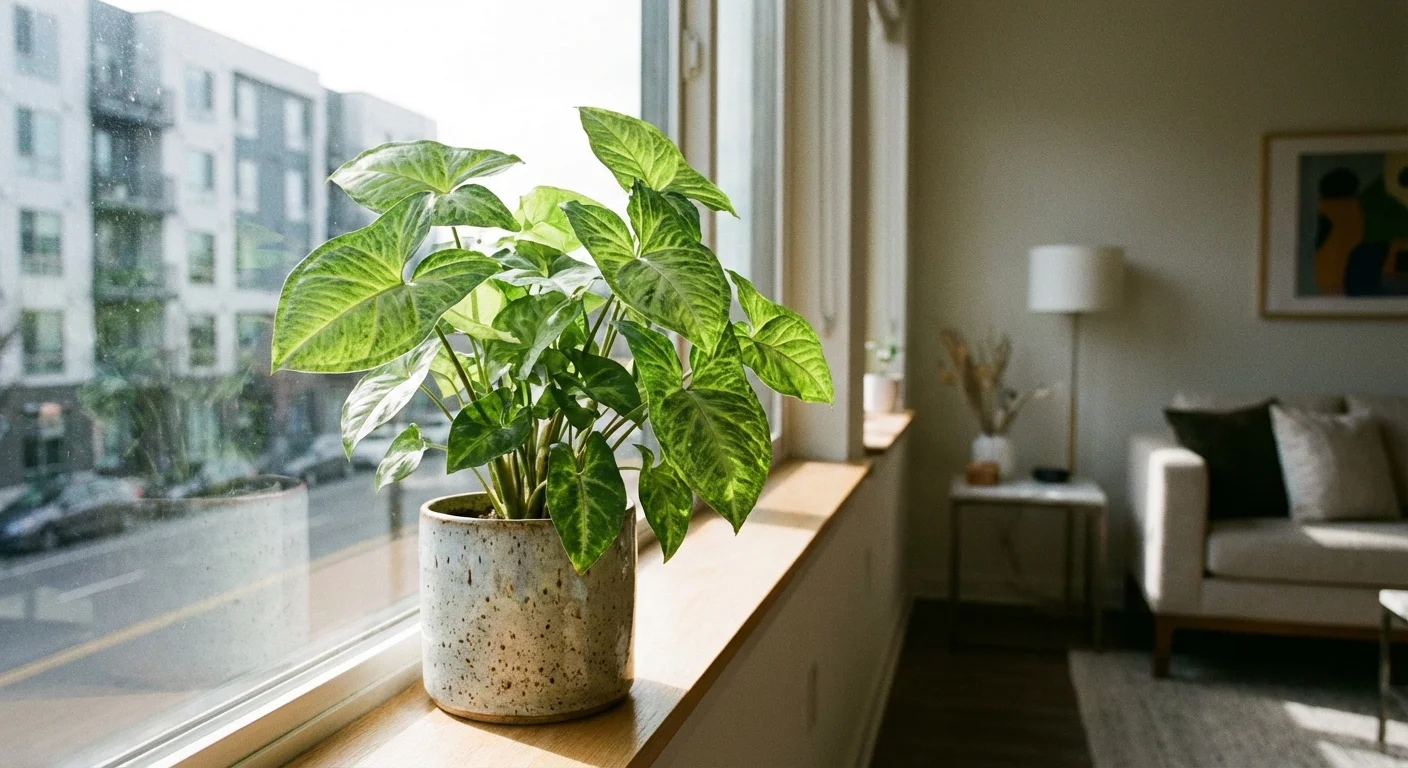 An Arrowhead vine with pointed leaves in a ceramic pot on a windowsill.