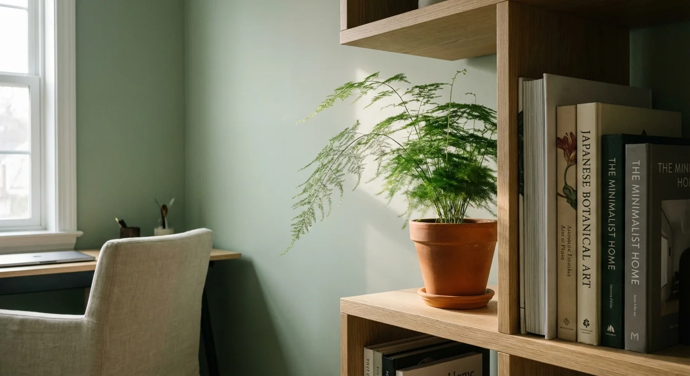 An Asparagus fern with feathery leaves on a bookshelf in a modern office.
