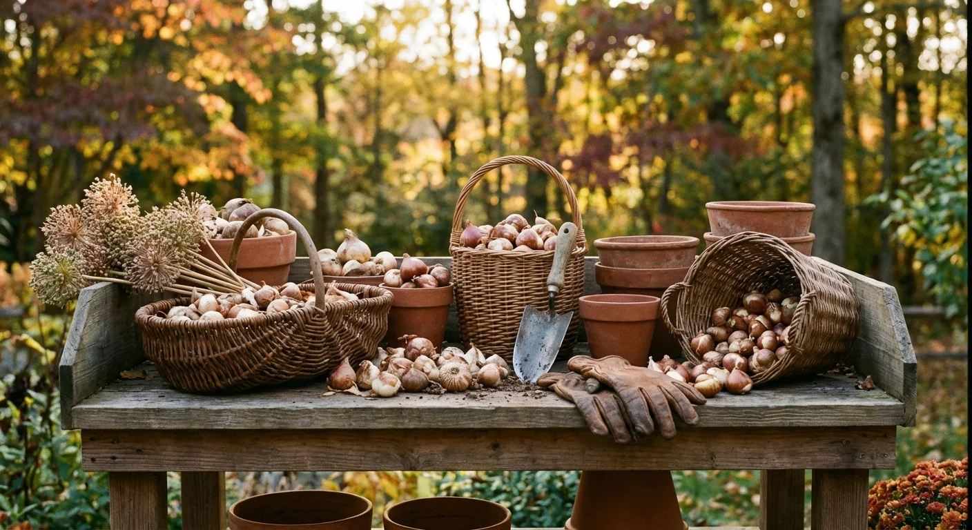 An assortment of spring flower bulbs on a wooden garden bench in fall.