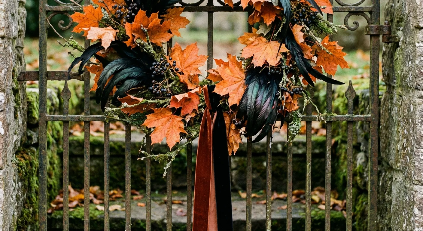 An autumn wreath made of orange leaves and black feathers on a gate.
