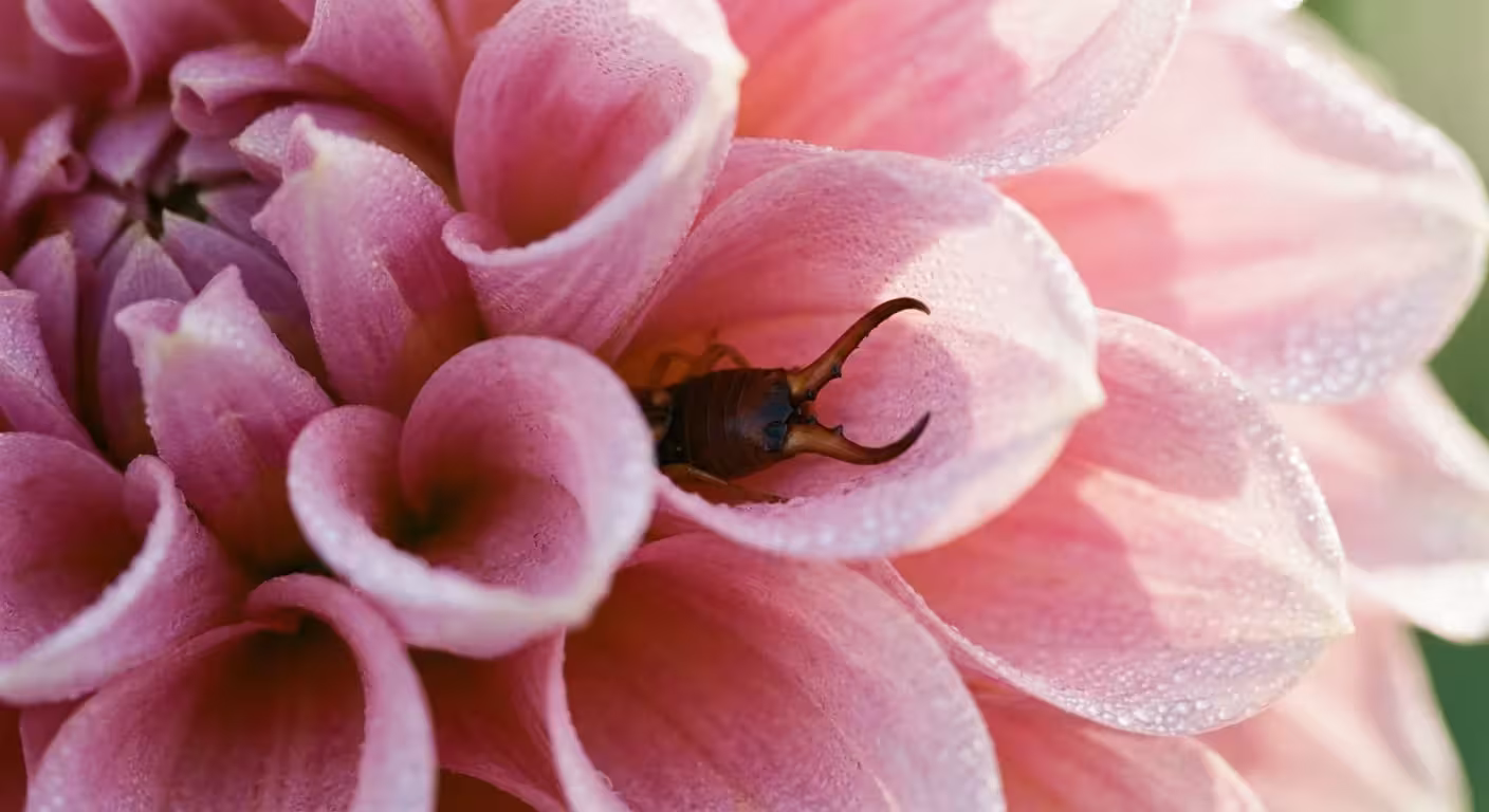 An earwig insect crawling deep inside the petals of a pink dahlia flower.