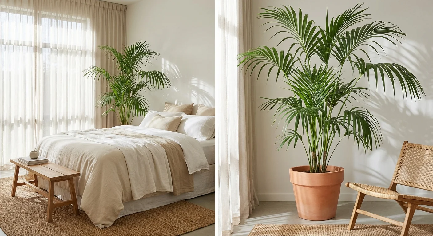 An elegant Kentia Palm with arching green fronds in a bright, peaceful bedroom.
