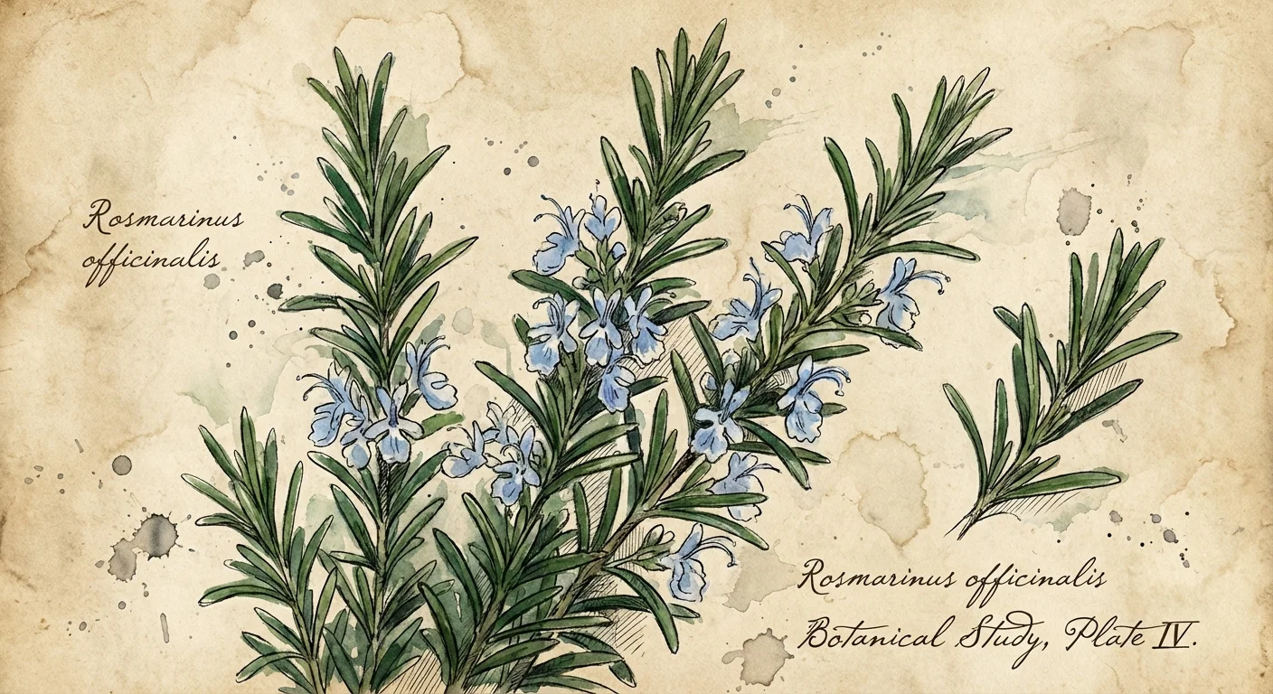 An elegant watercolor illustration of rosemary sprigs with small blue blossoms.
