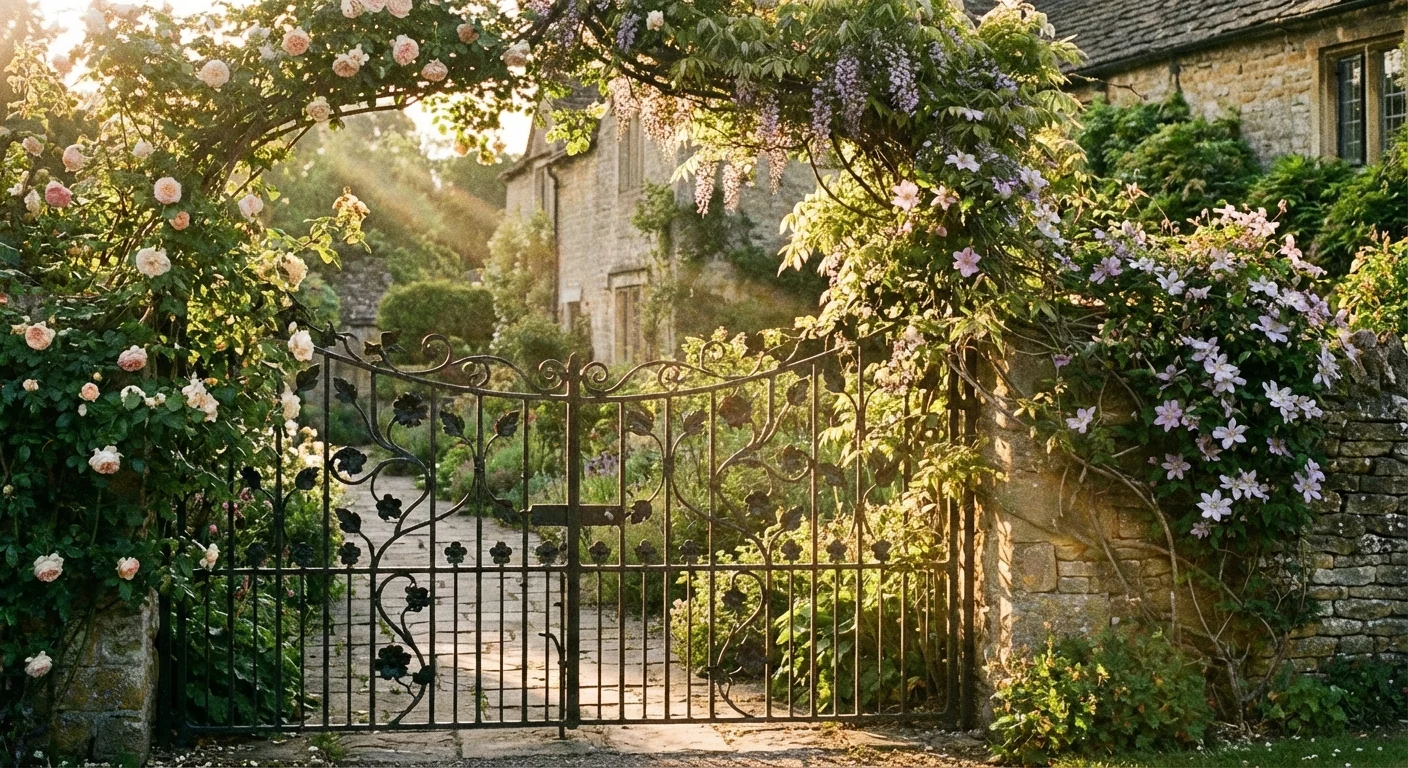 An elegant wrought iron gate covered in vines at a garden entrance.