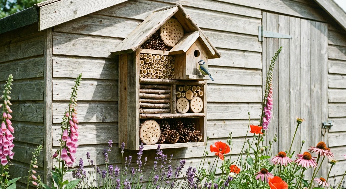 An insect hotel and birdhouse mounted on a garden shed wall.