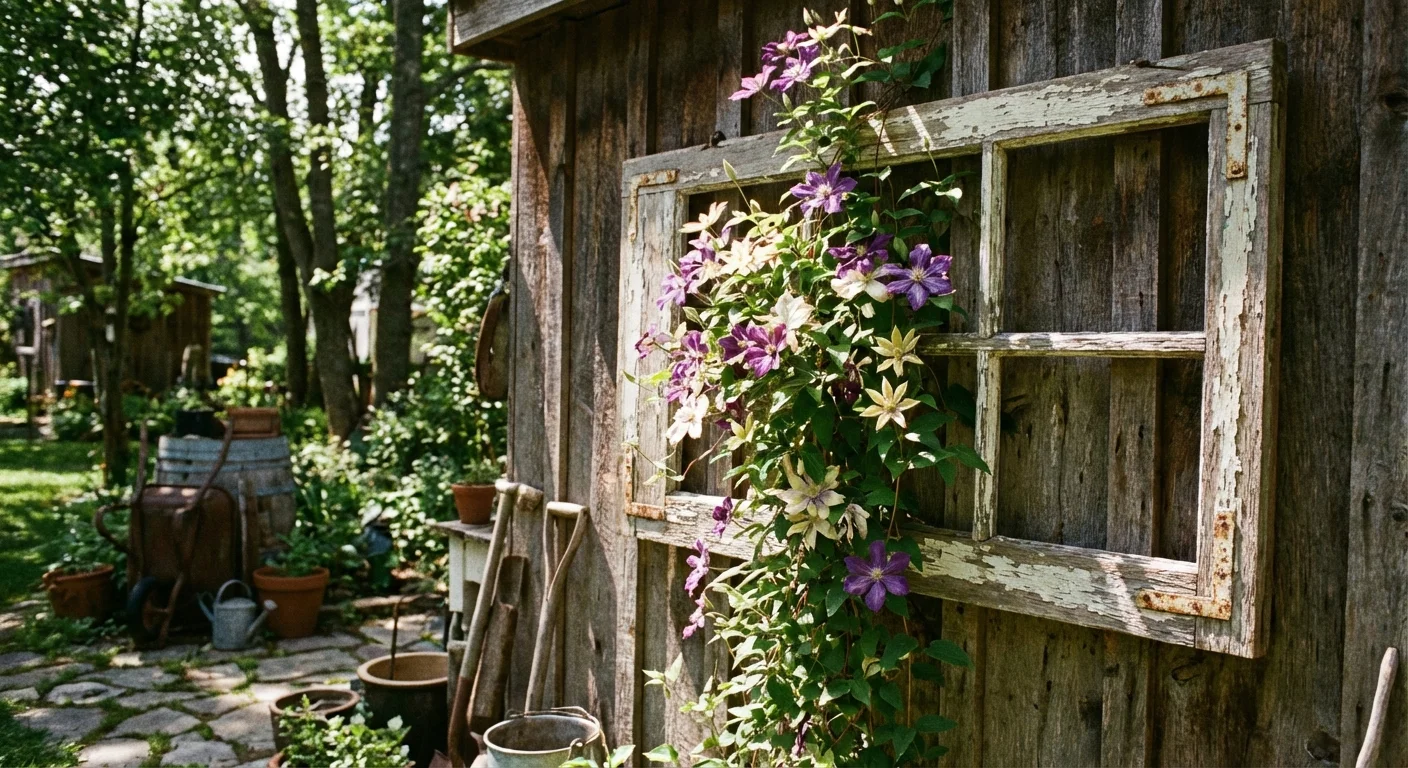 An old window frame used as a trellis for climbing flowers on a shed.