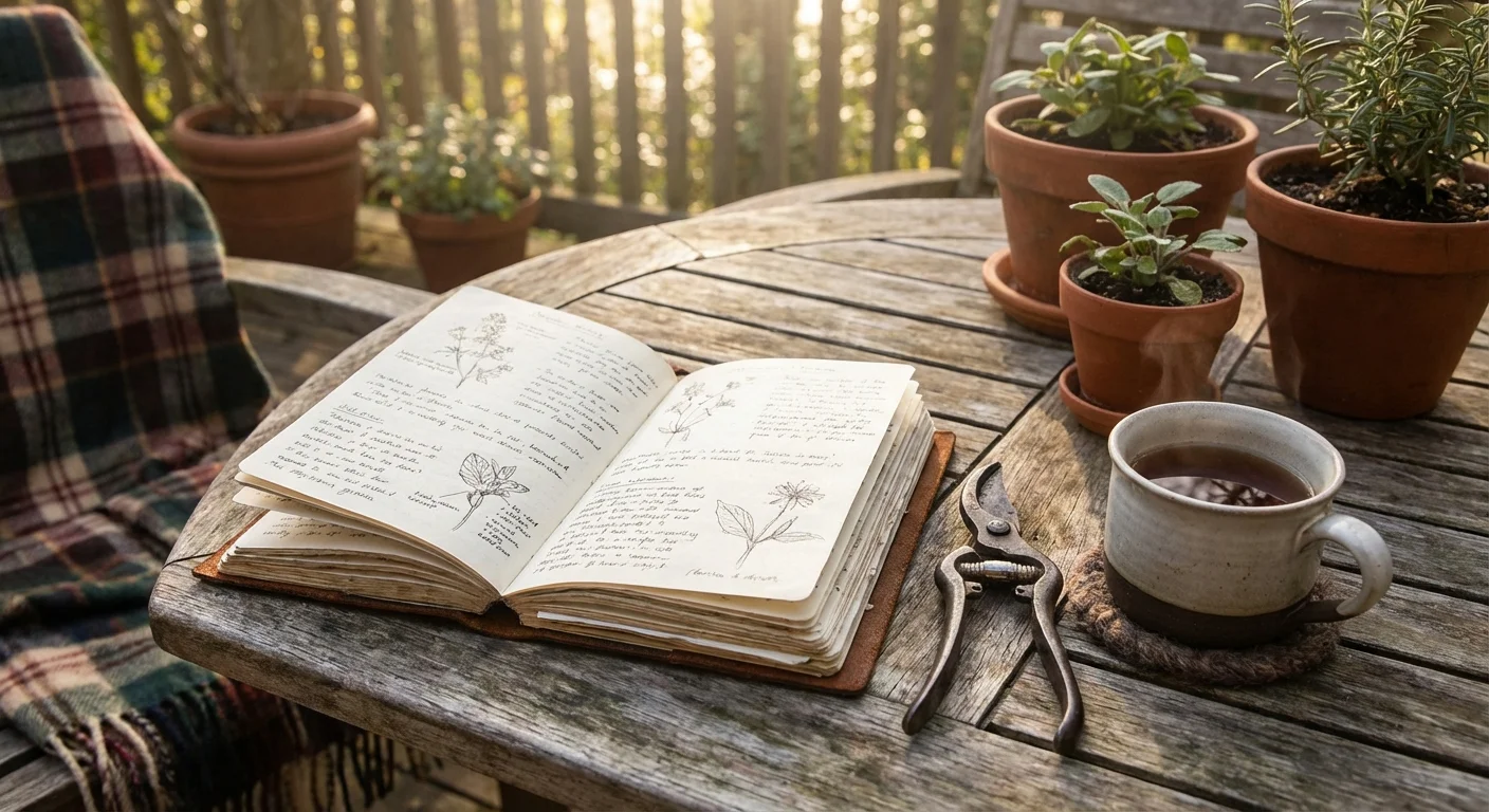 An open garden journal on a wooden table next to a hot mug of tea and pruning shears.