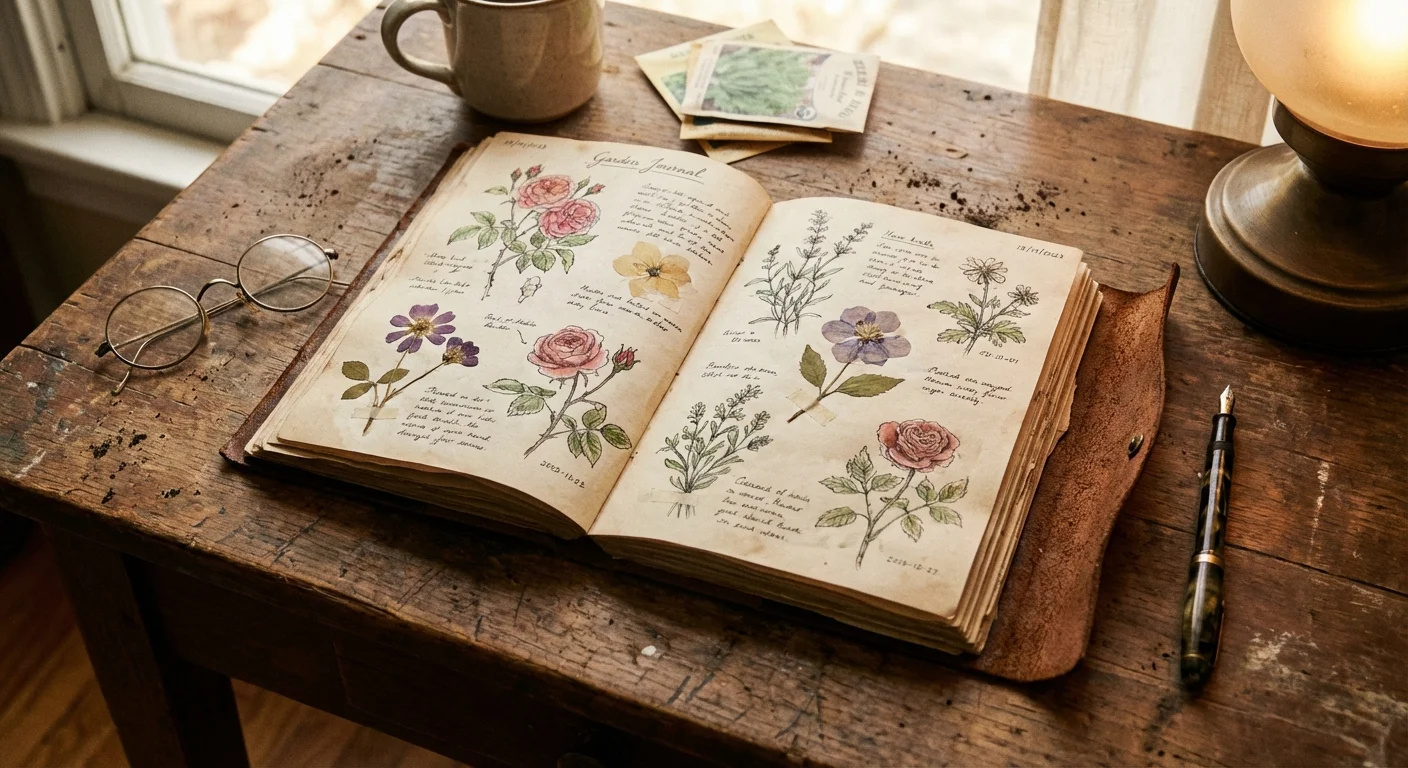 An open leather garden journal with sketches and pressed flowers.
