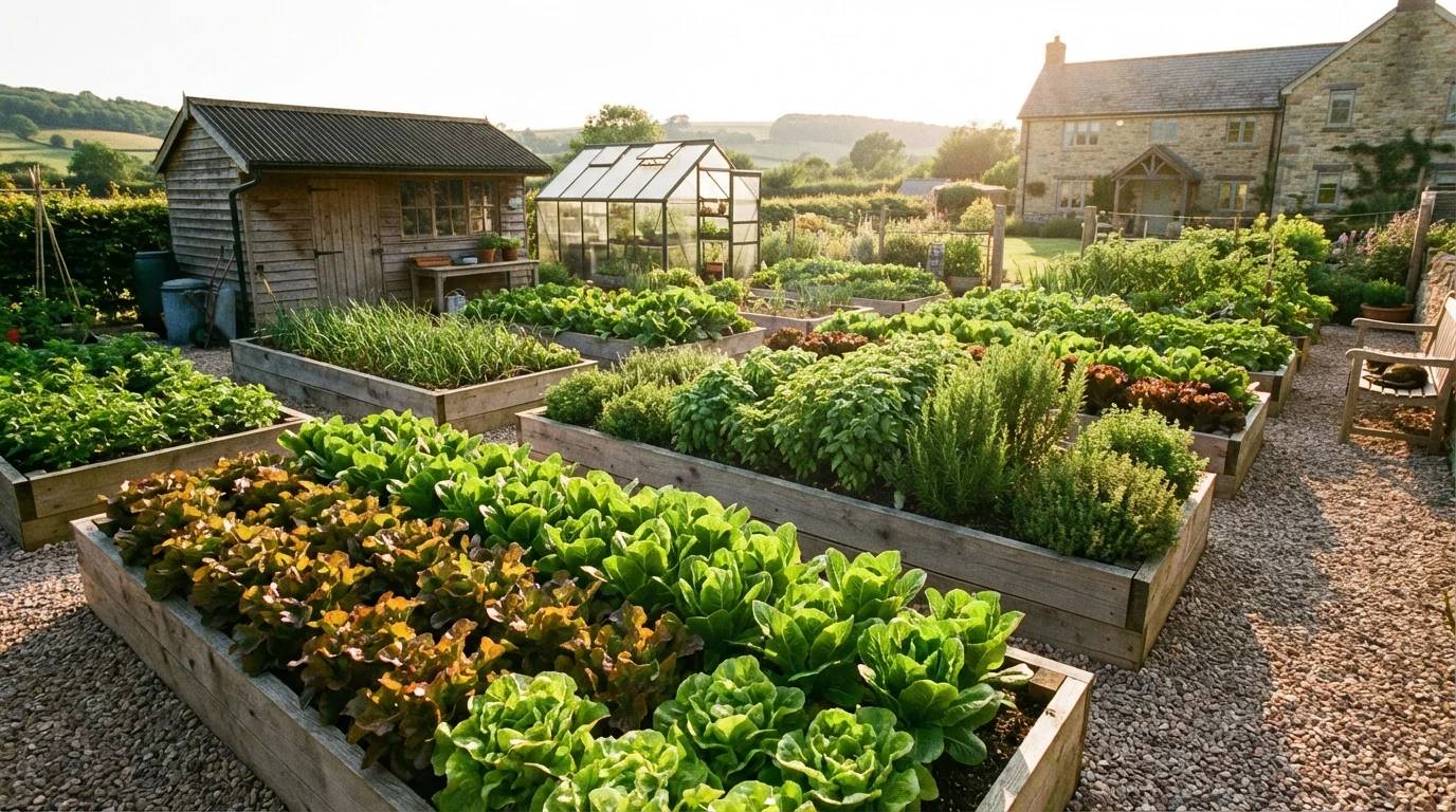 An organized home garden with raised wooden beds and flourishing green vegetables in the sunlight.