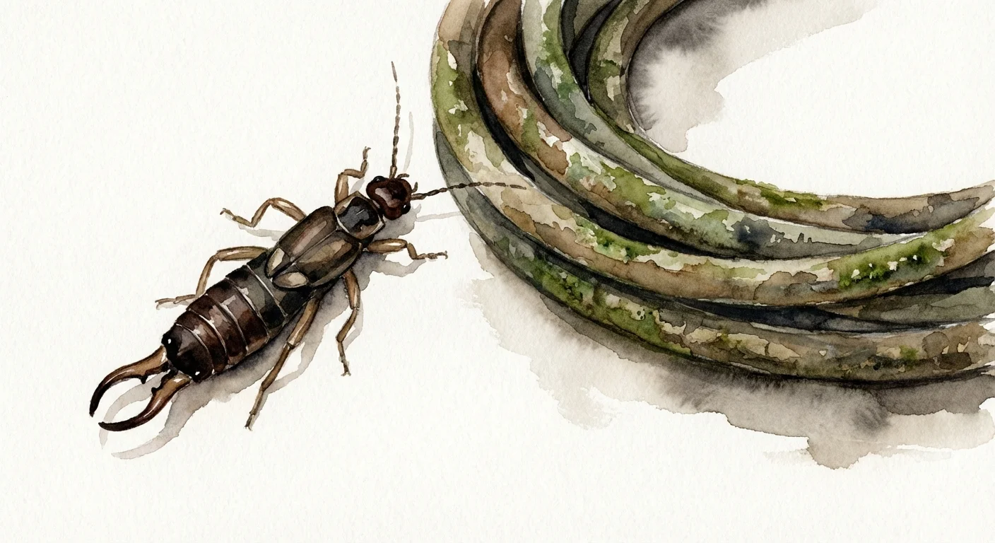 Artistic watercolor of an earwig in a garden setting.