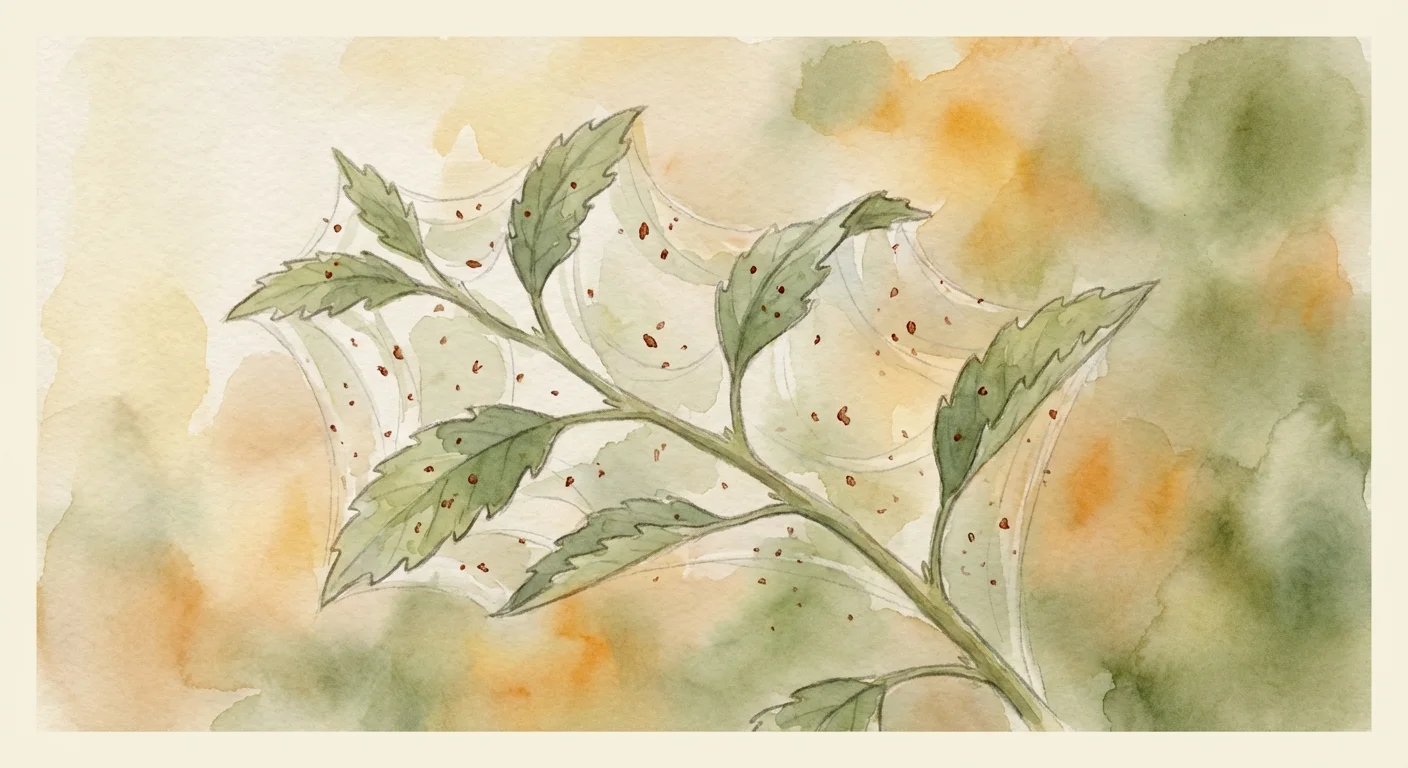 Artistic watercolor showing delicate spider mite webbing on a plant stem.