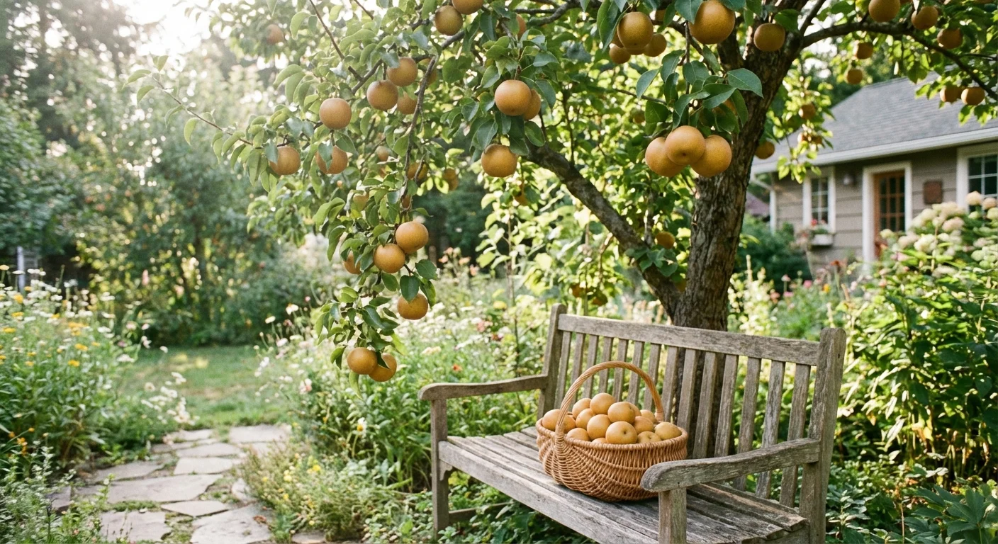 Asian pears hanging on a tree with a harvest basket on a nearby bench.