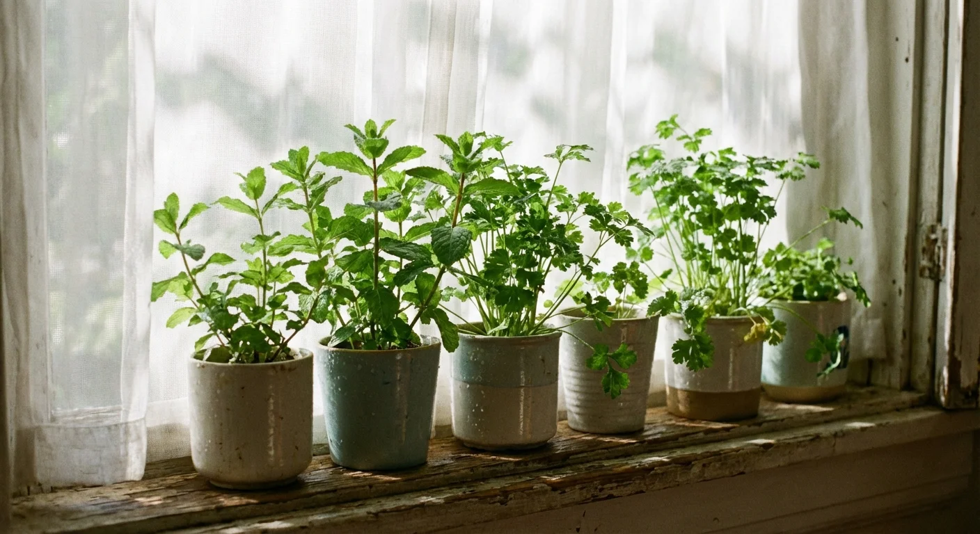 Assorted fresh herbs in ceramic pots on a bright windowsill.