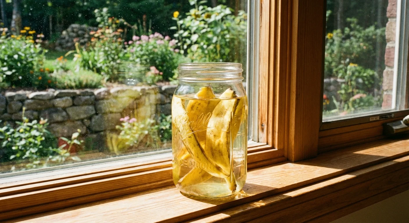 Banana peels soaking in a jar of water on a sunny windowsill.