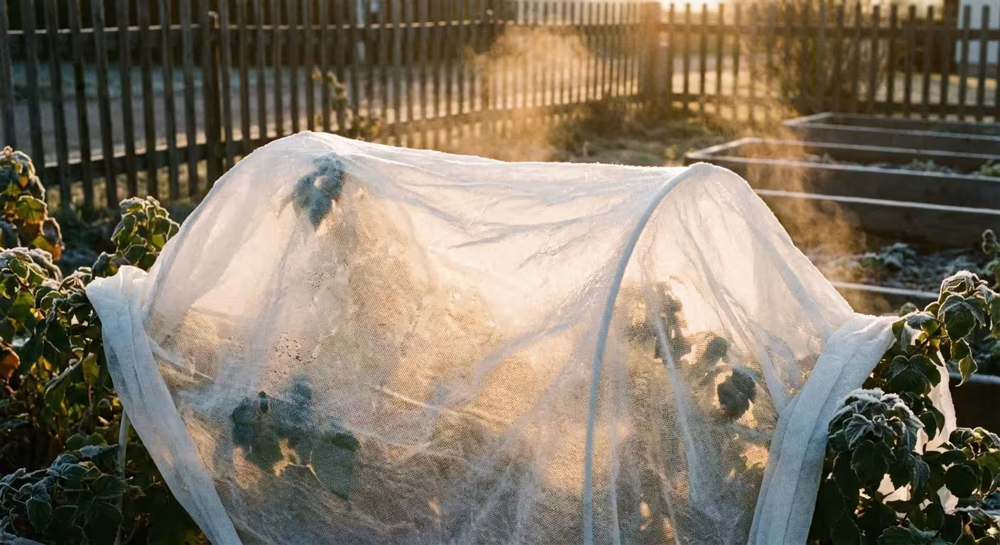 Berry bushes under a white frost cloth.