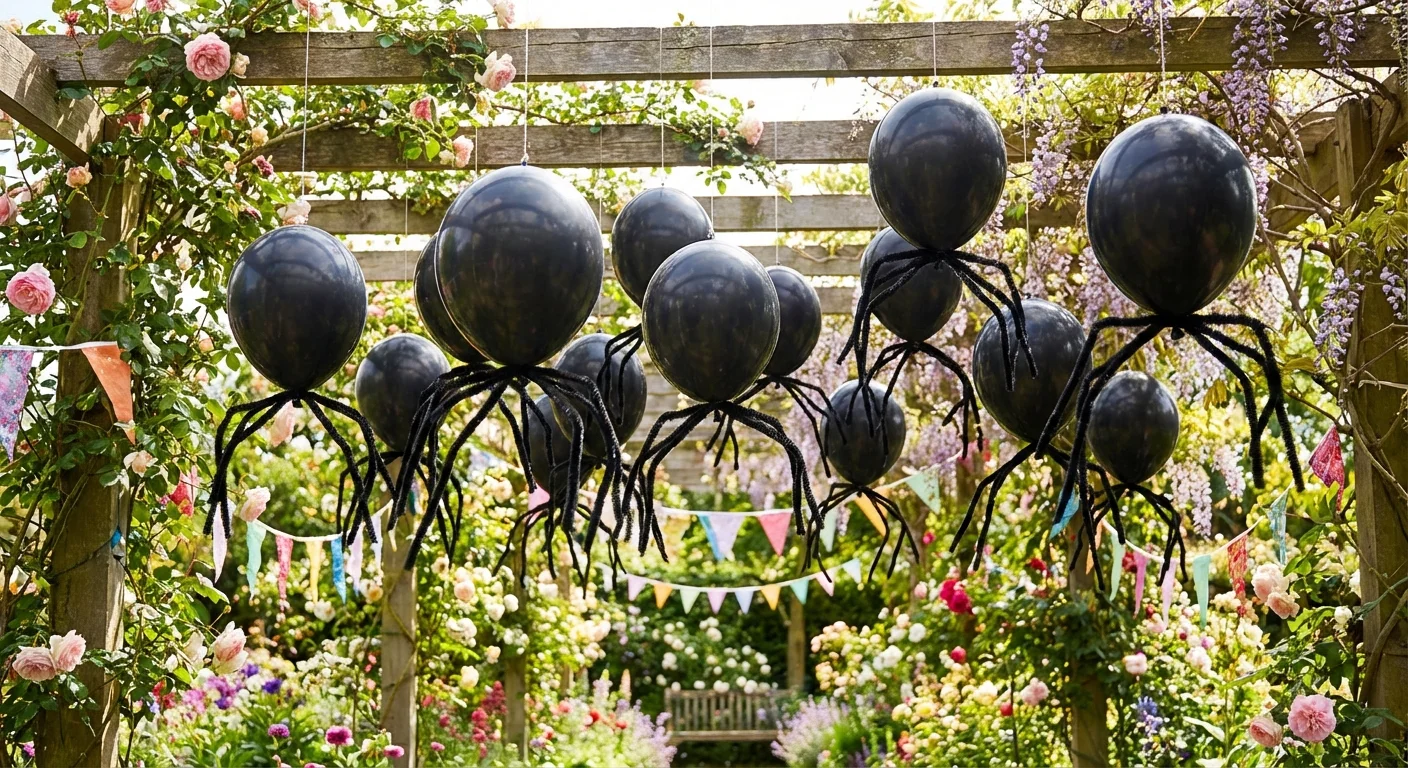 Black balloons with long legs made to look like spiders.