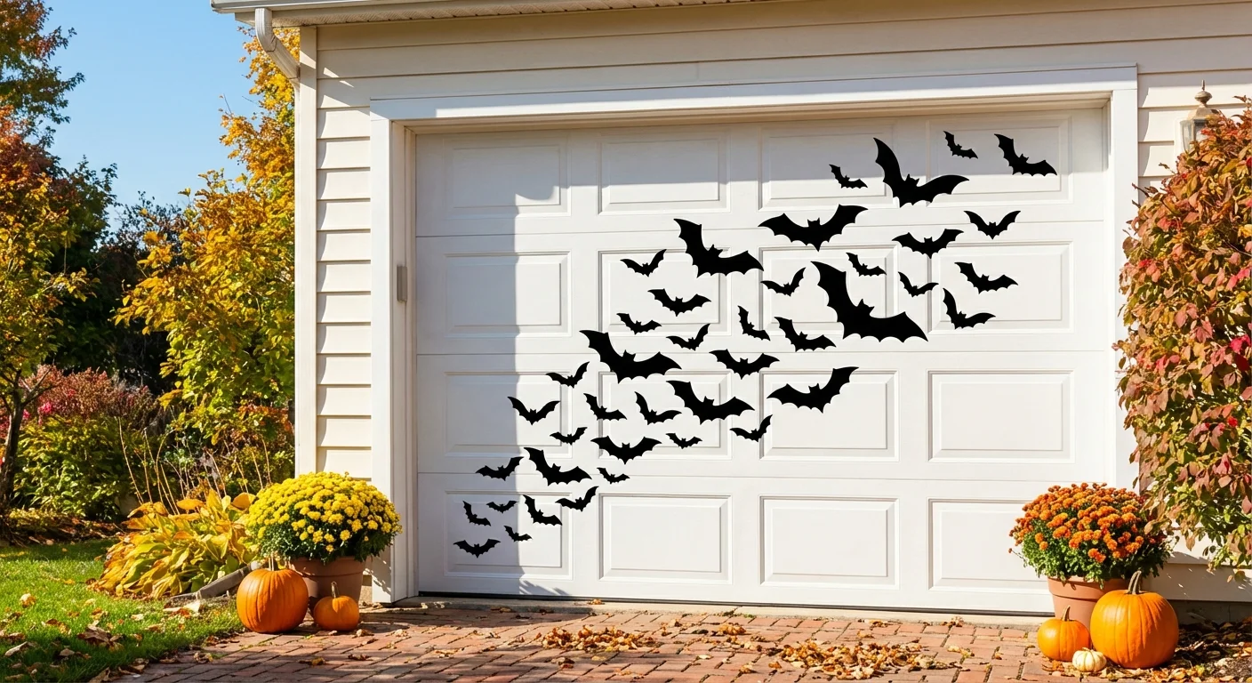 Black bat magnets arranged in a flying pattern on a white door.
