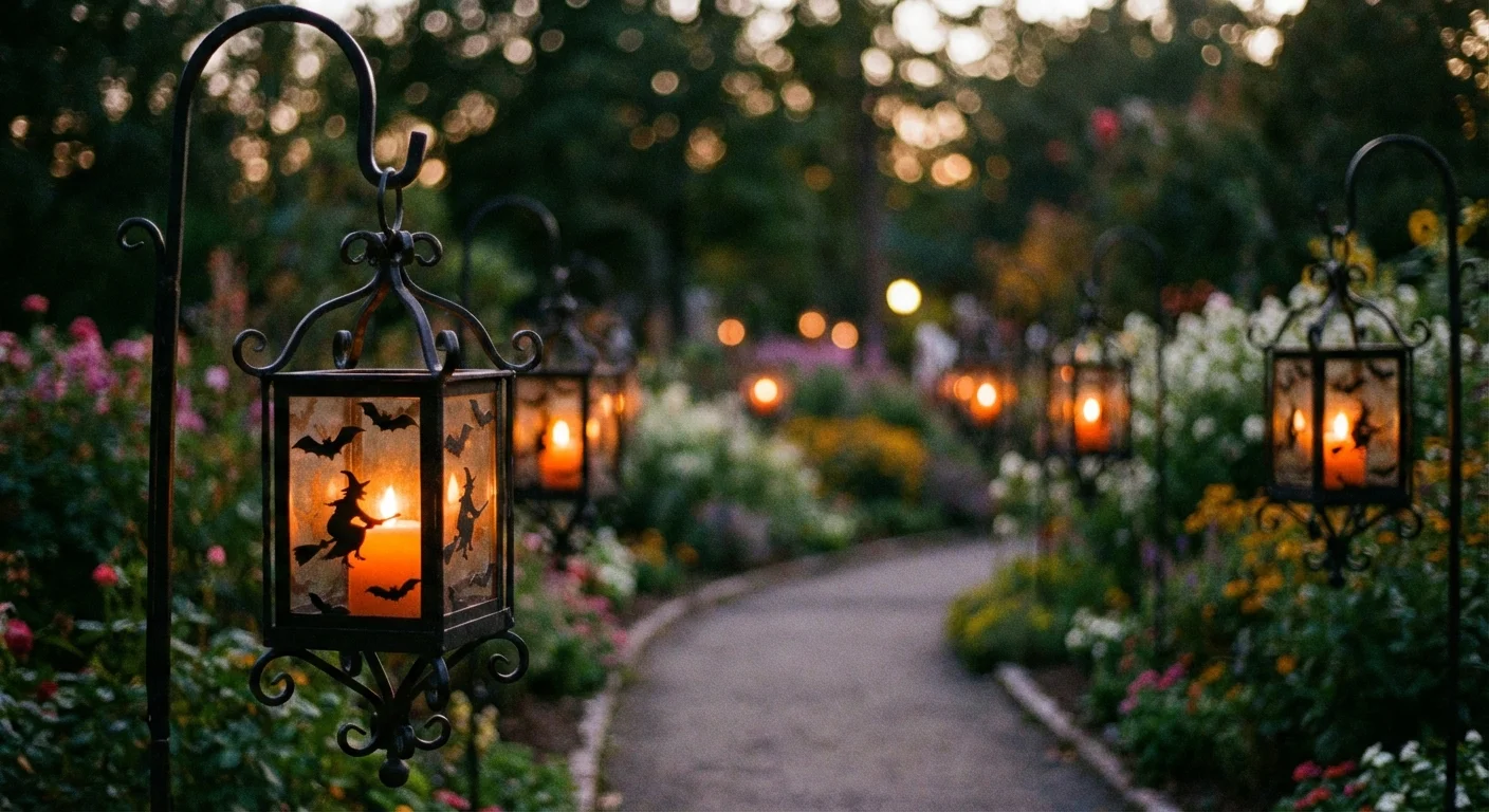 Black lanterns with flickering candles illuminating a garden path.