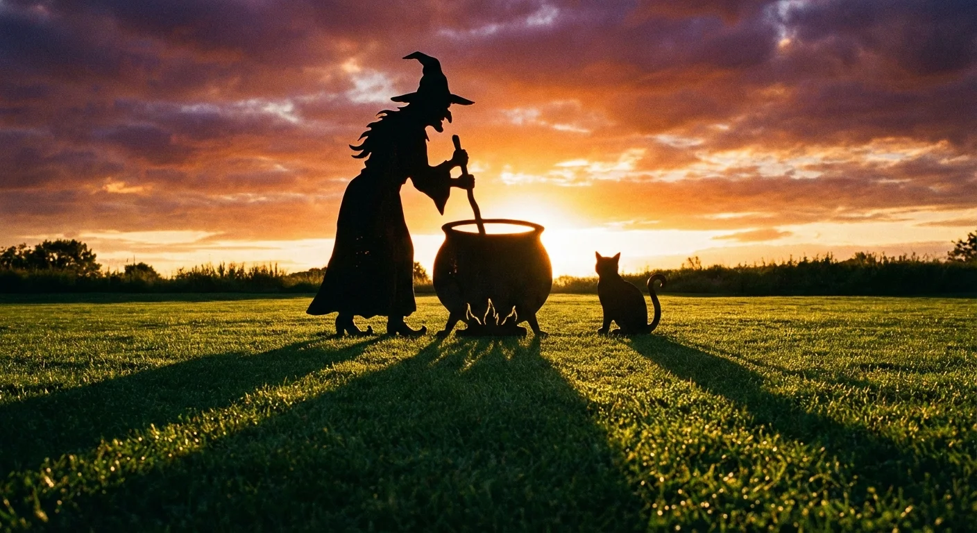 Black metal silhouettes of a witch and a cat on a lawn.