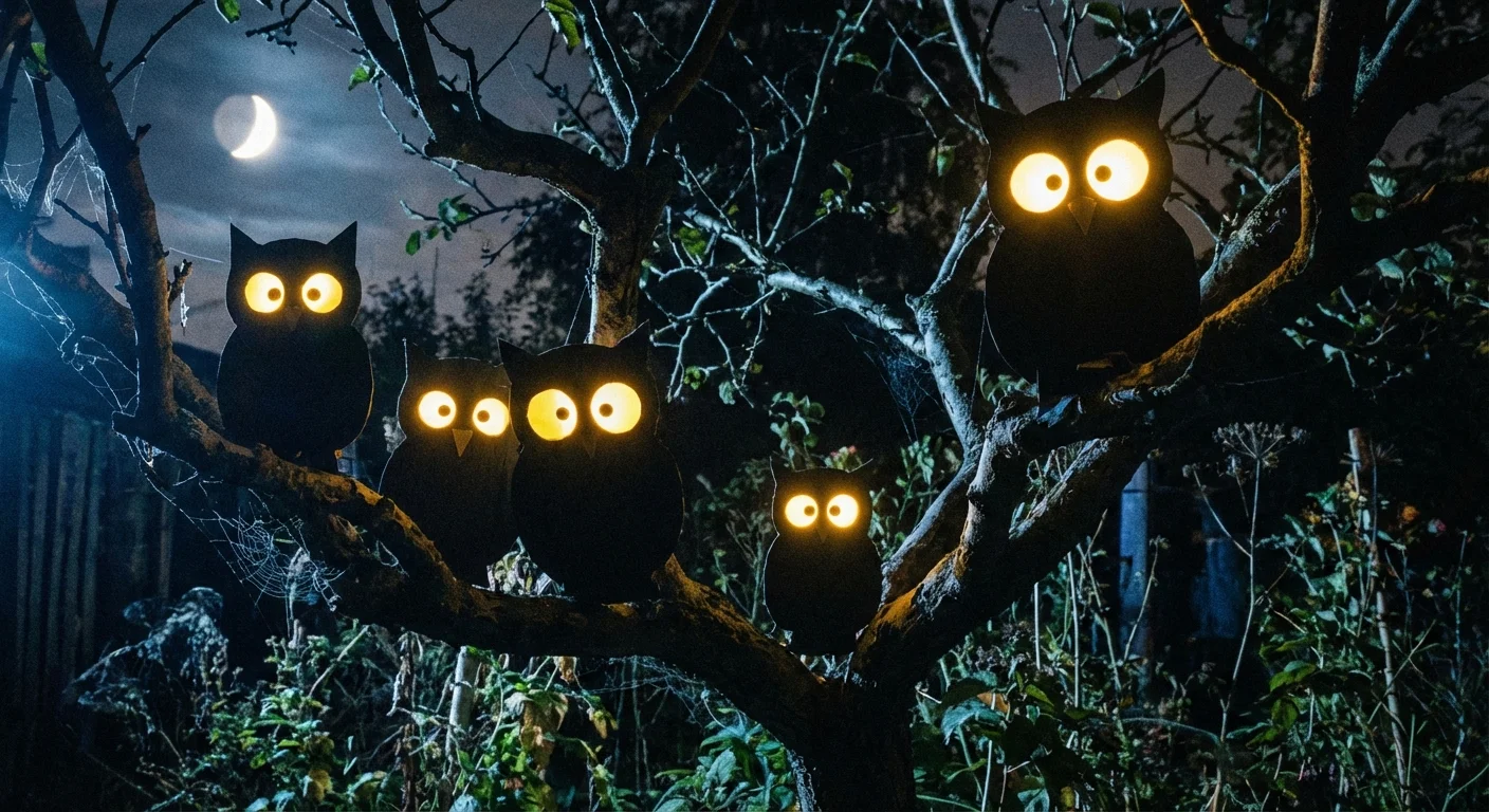 Black owl silhouettes with glowing eyes in a tree at night.