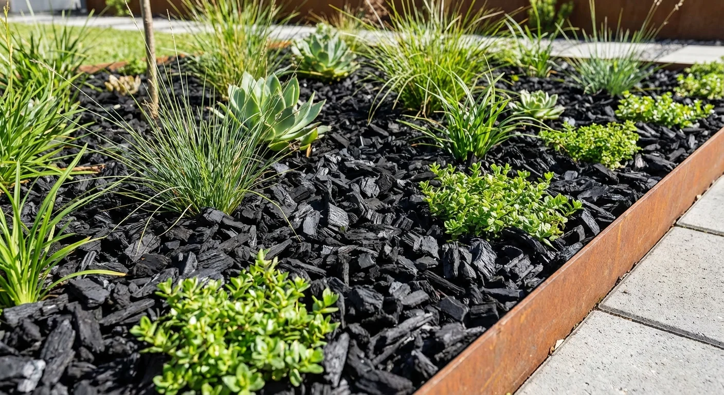 Black rubber tire mulch in a garden border.