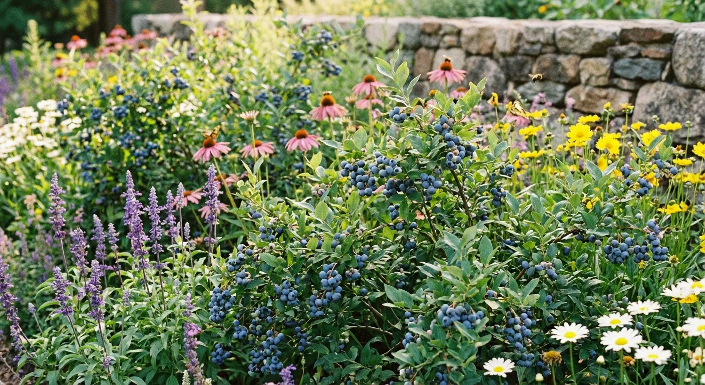 Blueberry bushes integrated into a beautiful ornamental garden border.