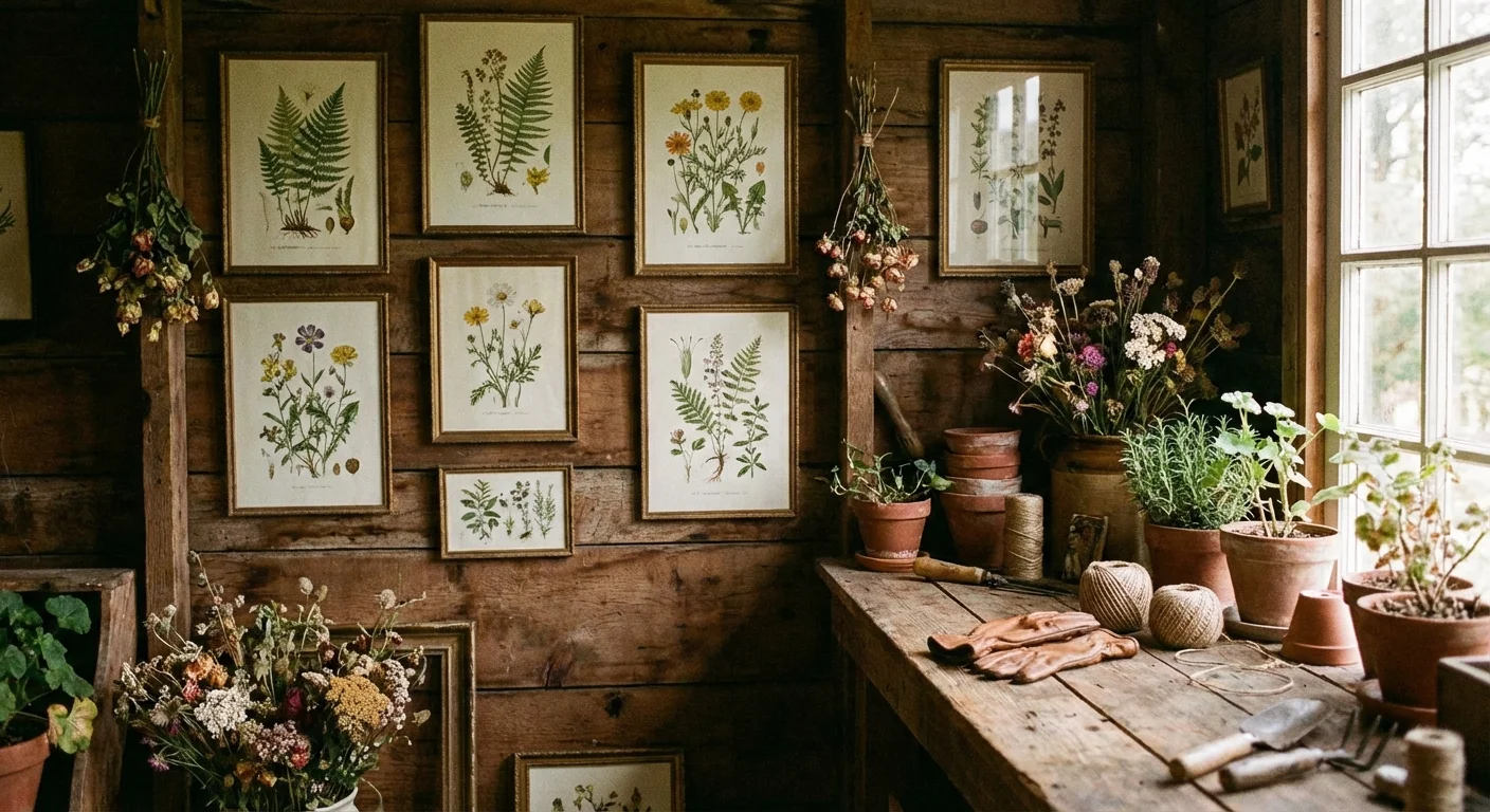 Botanical art prints hanging on a wooden wall inside a garden shed.
