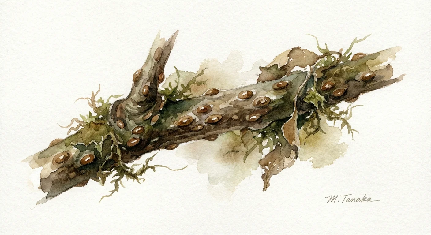 Botanical watercolor of scale insects appearing as brown bumps on a stem.