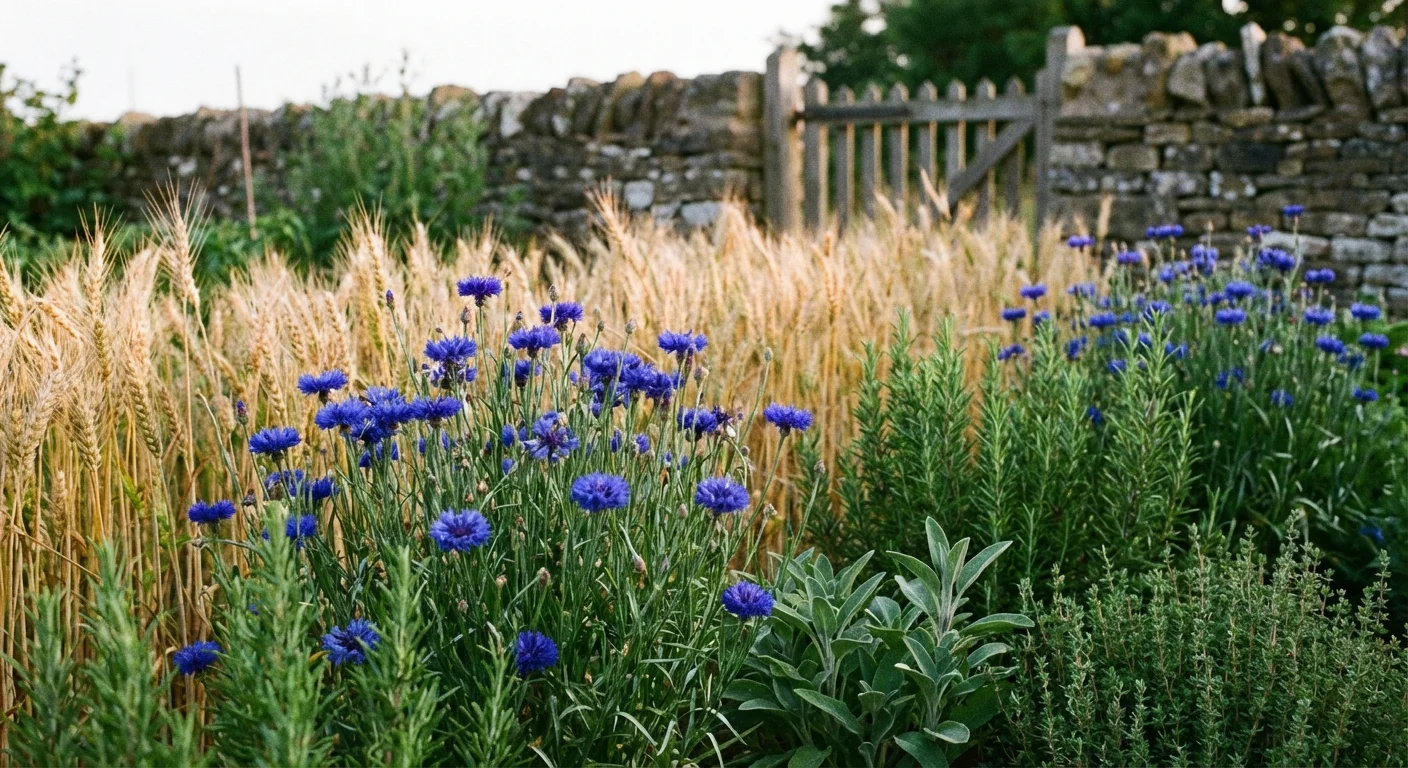 Bright blue cornflowers blooming in a natural garden setting.