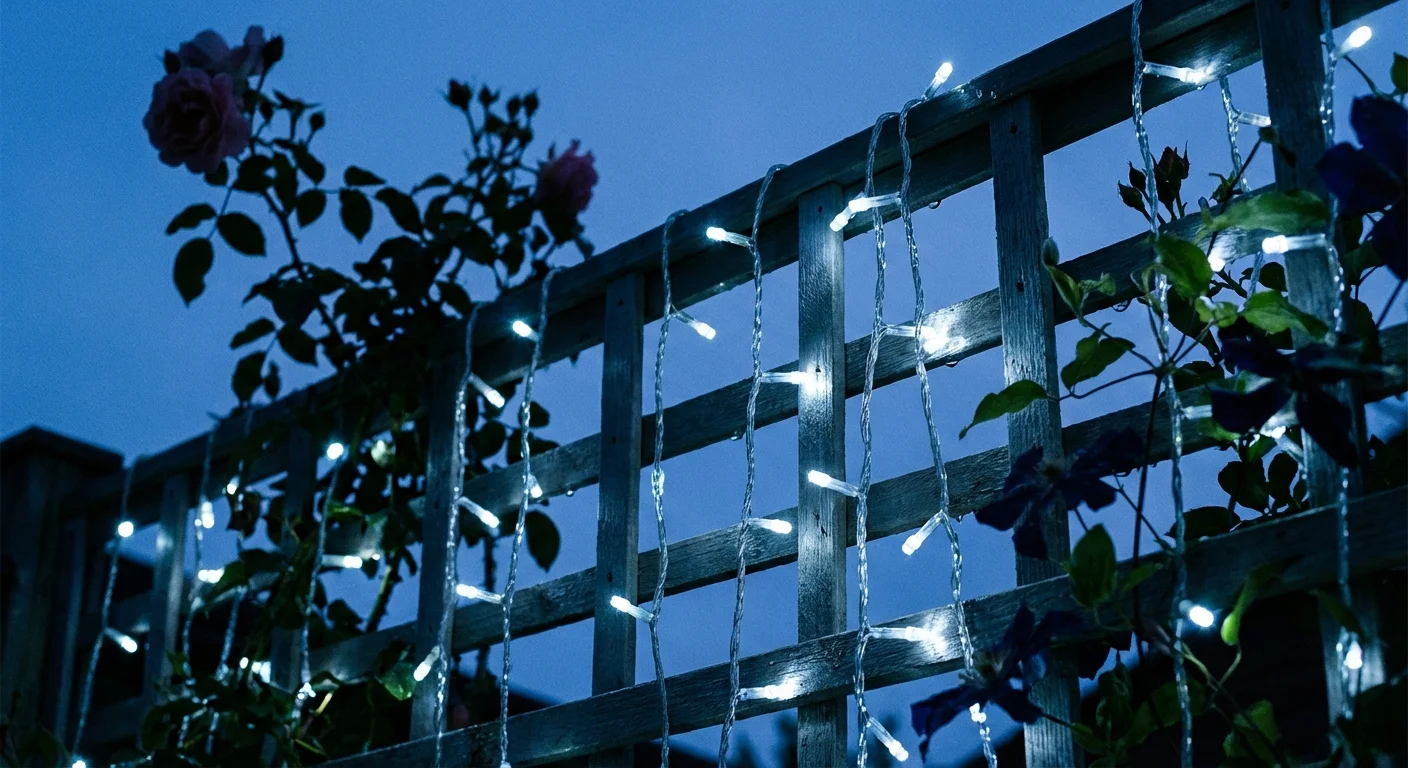 Bright cool-toned LED Christmas lights wrapped around a wooden garden trellis.
