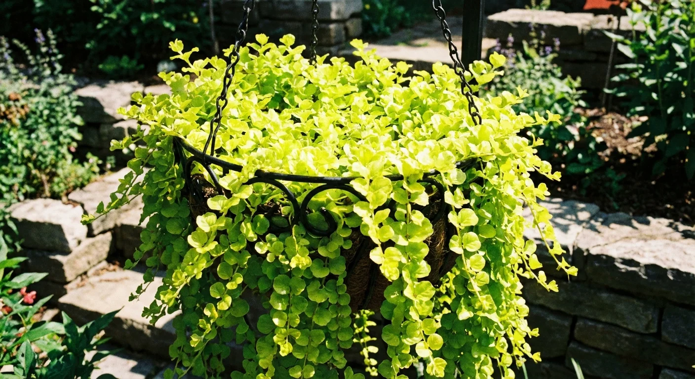 Bright lime-green Creeping Jenny foliage trailing from a metal basket.