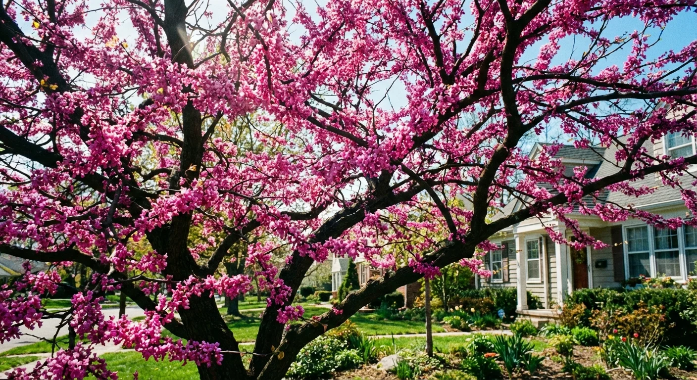 Bright pink Eastern Redbud flowers on branches against a blue sky.