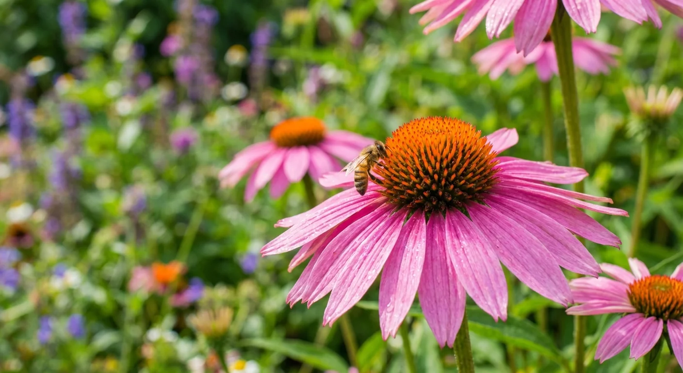 Bright pink echinacea flowers with a honeybee on the center cone.