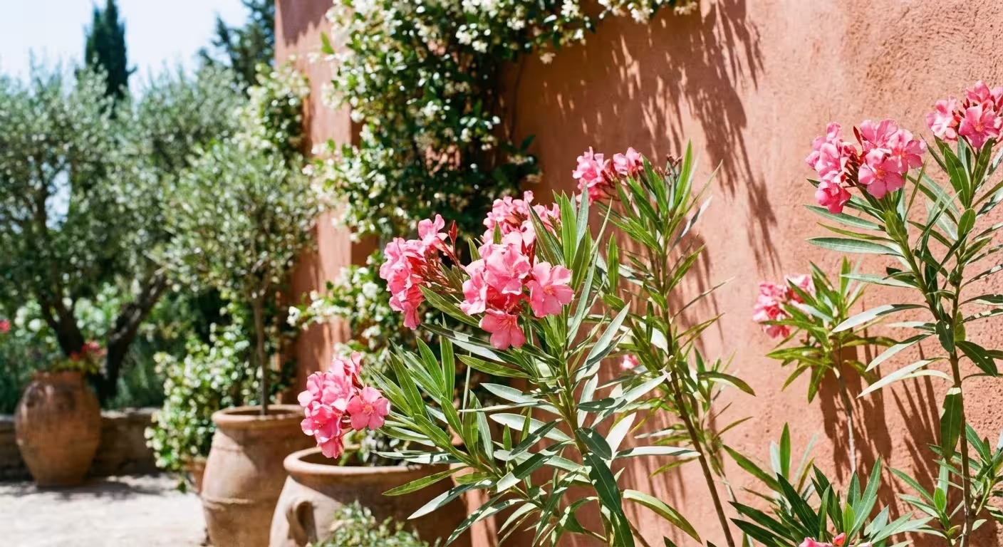 Bright pink Oleander flowers blooming against a sunlit terracotta wall.
