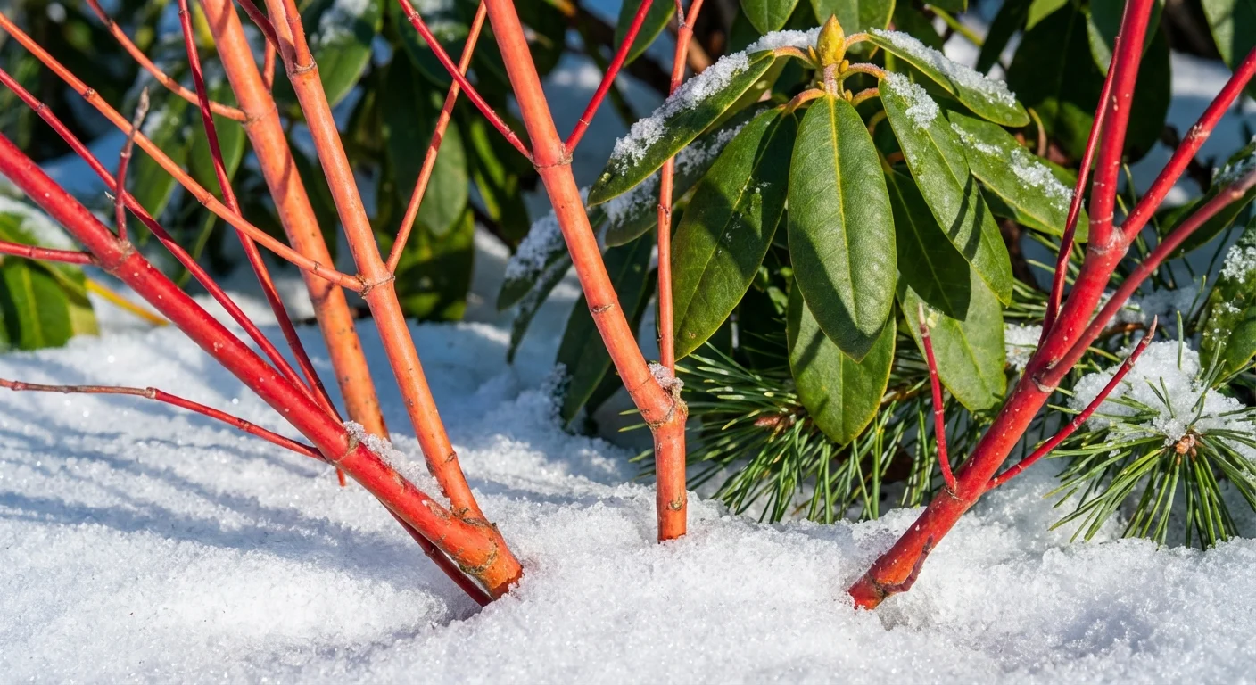 Bright red and orange dogwood stems standing out against white snow and green evergreens.
