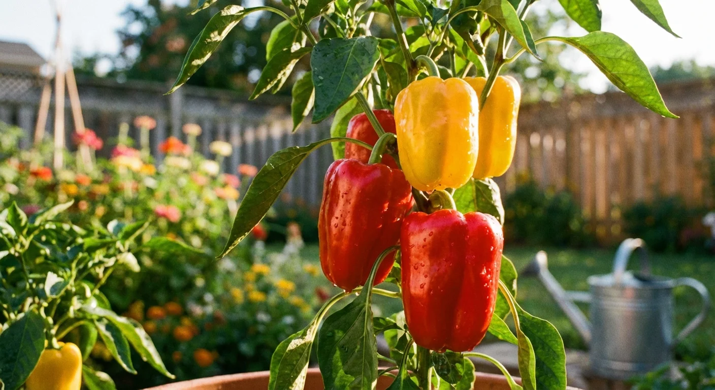 Bright red and yellow bell peppers growing on a plant in a garden.