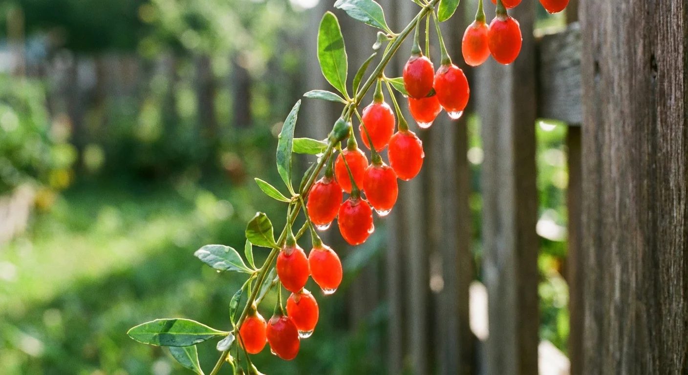 Bright red goji berries growing on a green vine in a garden.