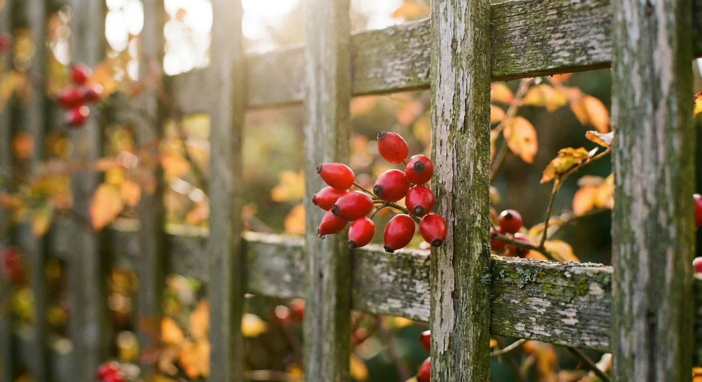 Bright red rose hips growing on a garden trellis.
