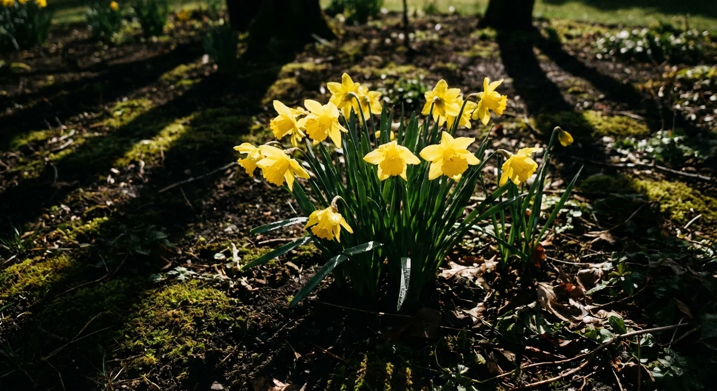 Bright yellow daffodils blooming in a garden with moody shadows.