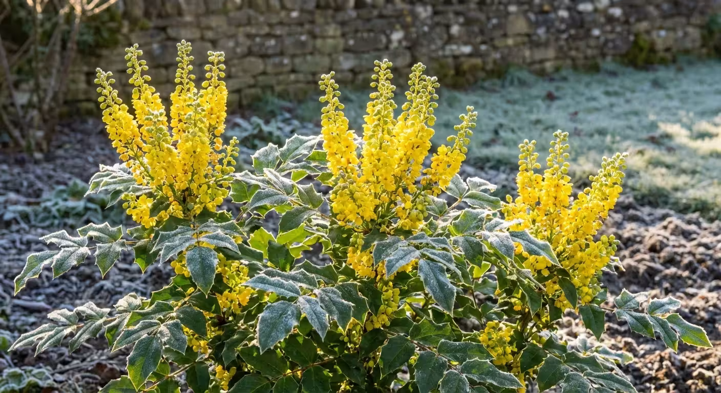 Bright yellow Mahonia flower spikes blooming in a winter garden.