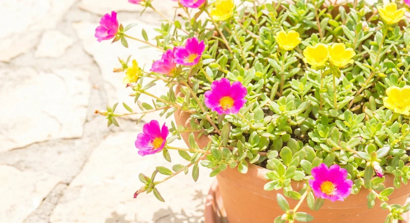 Brightly colored Moss Rose flowers in a sunny hanging container.