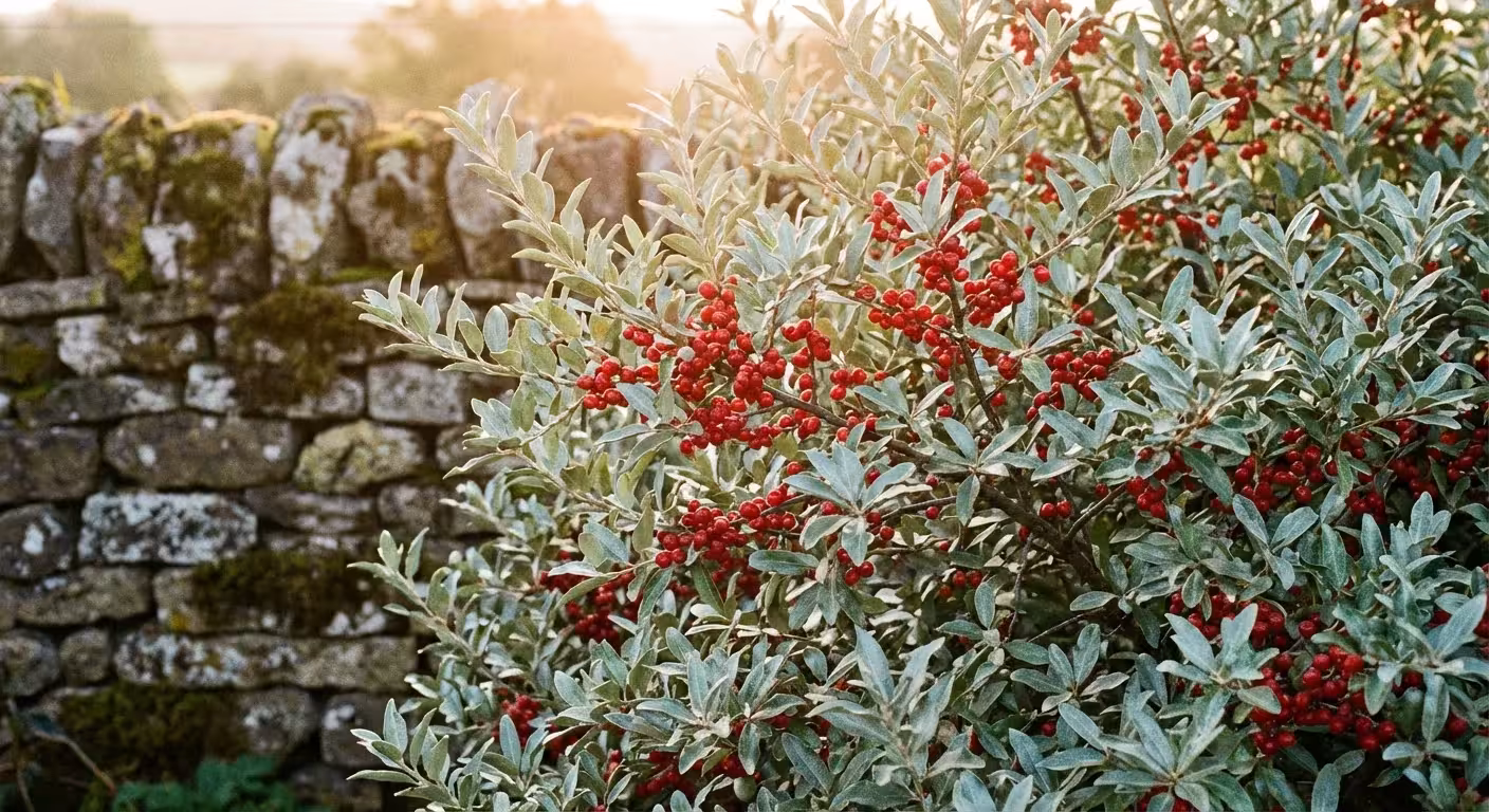 Buffaloberry shrub with silver leaves and bright red berries by a stone wall.