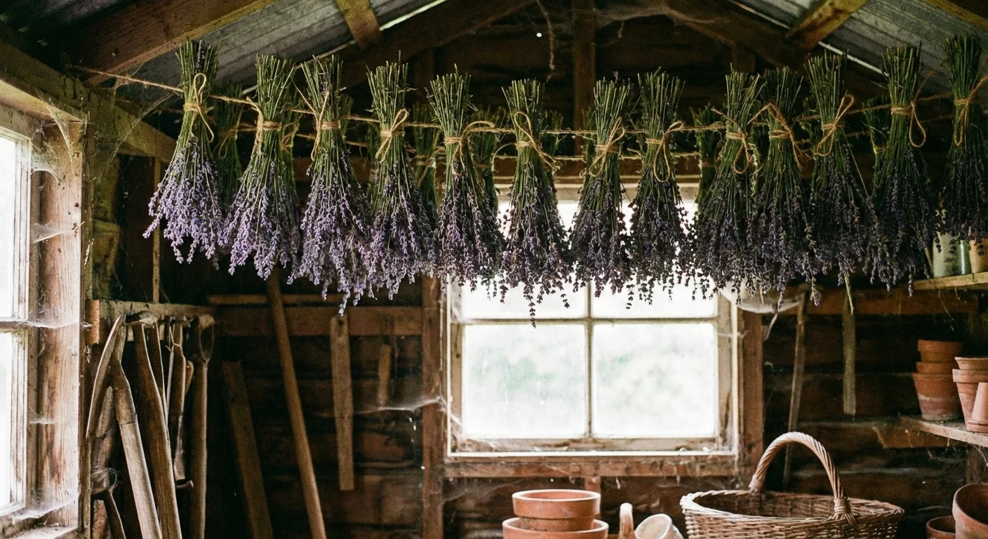 Bundles of purple lavender hanging to dry in a rustic wooden shed.