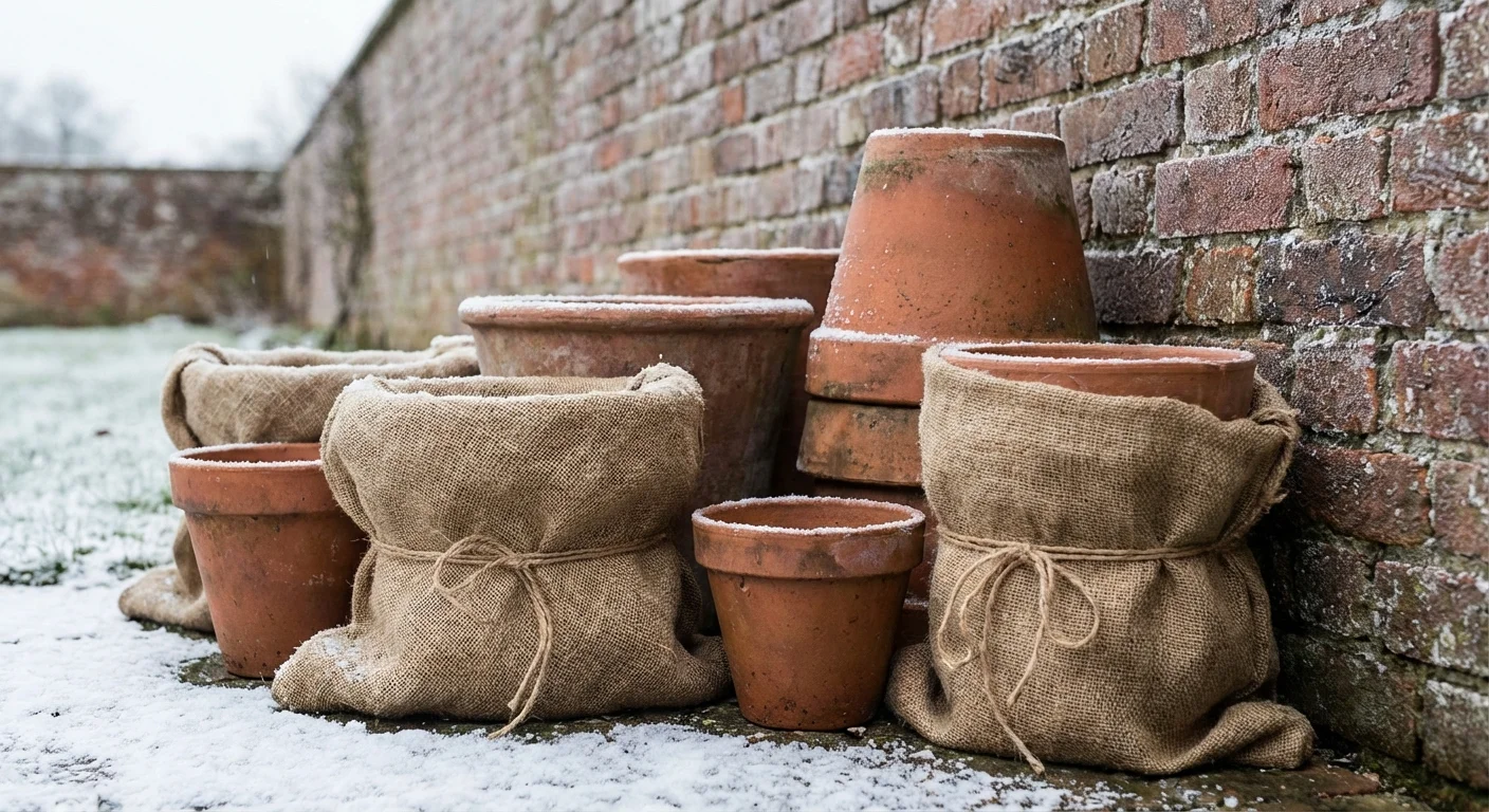 Burlap-wrapped terracotta pots grouped together against a wall for winter protection.