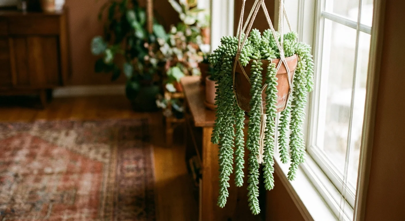 Burro's Tail succulent hanging in a terracotta pot by a window.