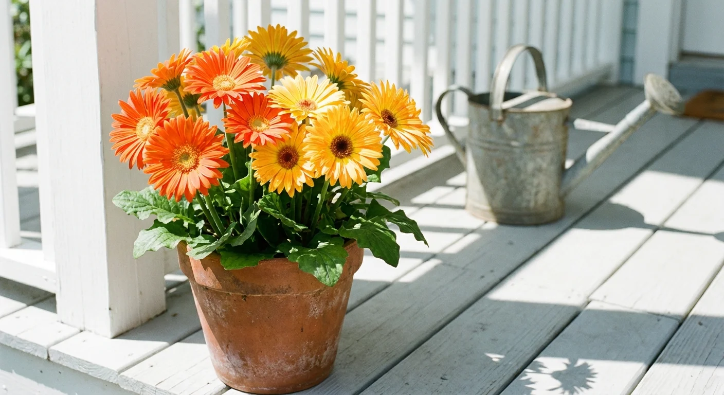 Cheerful orange Gerbera daisies in a terracotta pot on a sunny Florida porch.