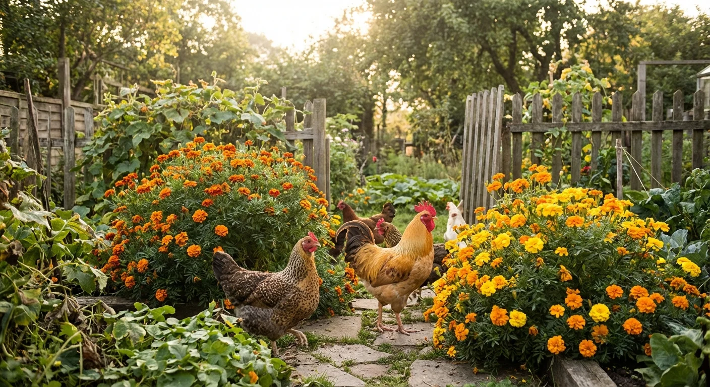 Chickens in a garden pecking at bright orange marigold flowers.