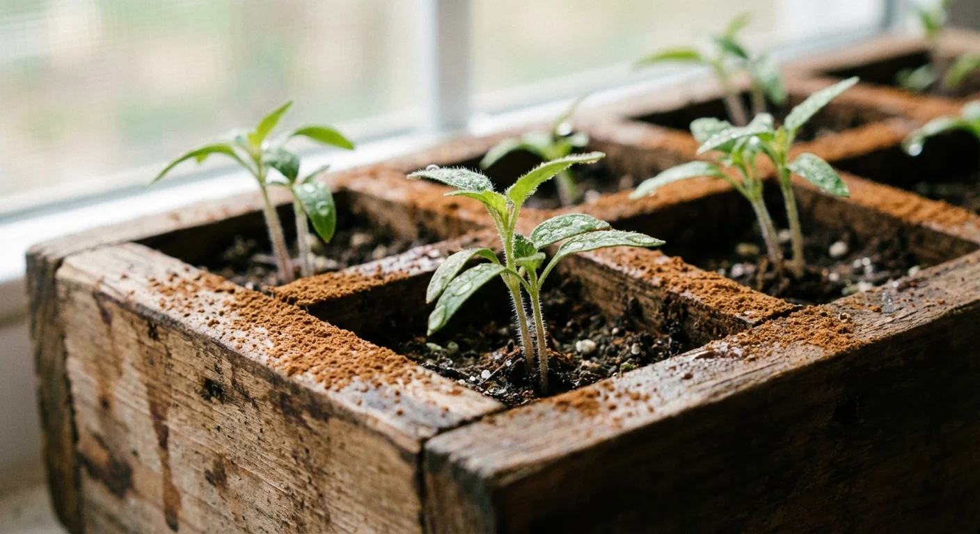 Cinnamon powder sprinkled on young seedlings in a wooden tray.