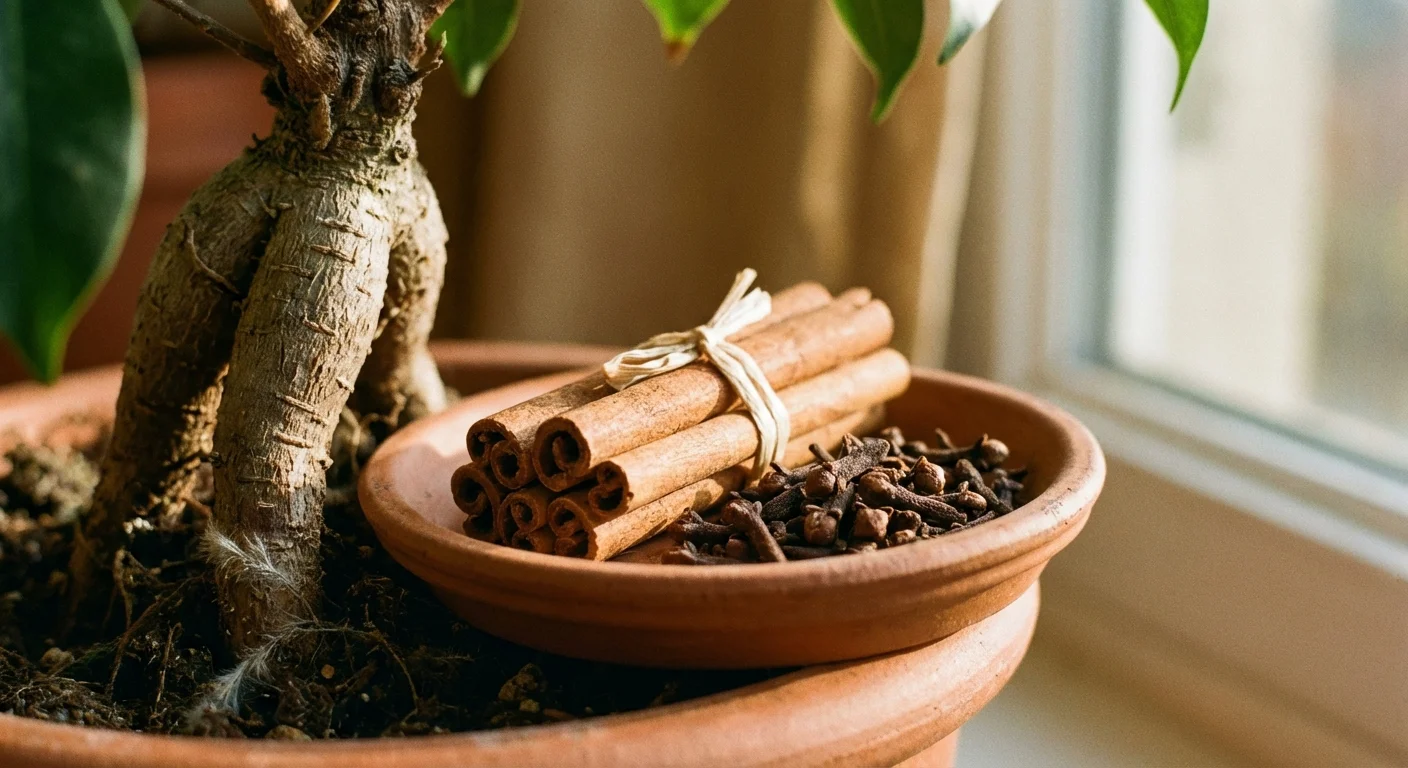 Cinnamon sticks and cloves placed on a terracotta saucer near a plant.