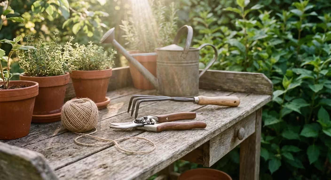 Classic gardening tools arranged on a rustic wooden bench in a sunlit garden.
